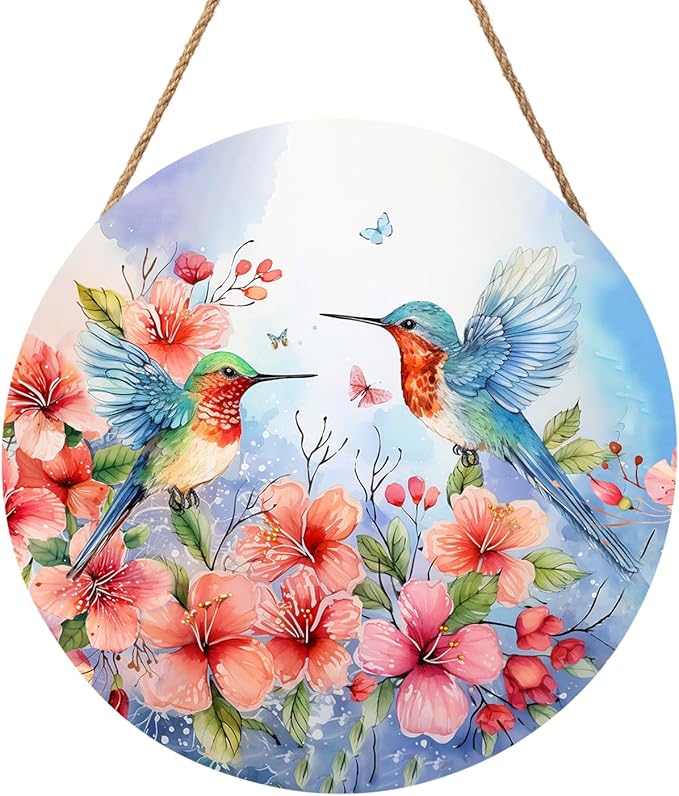 Spring Summer Hummingbird Birds Front Door Sign Farmhouse Spring Flowers Door Hanger 12"x12" Seasonal Summer Wooden Wreath for Outdoor Outside Porch Welcome Wall Hanging Decoration for Home