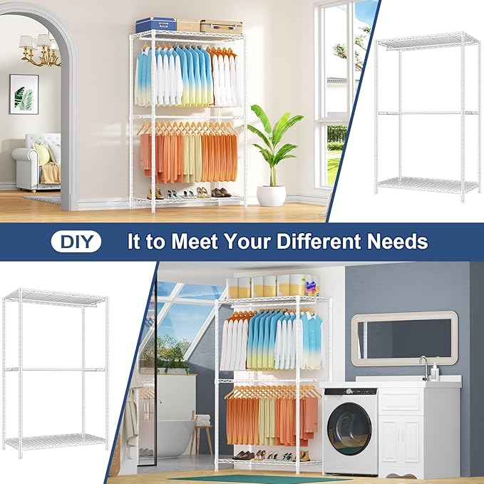 Ulif E12 Max Clothes Rack，Heavy Duty Freestanding Garment Rack with Shelves，Metal Clothing Closet Storage System for Hanging Clothes，83" W x 16" D x 76.5" H, Hold 1060 lbs，White