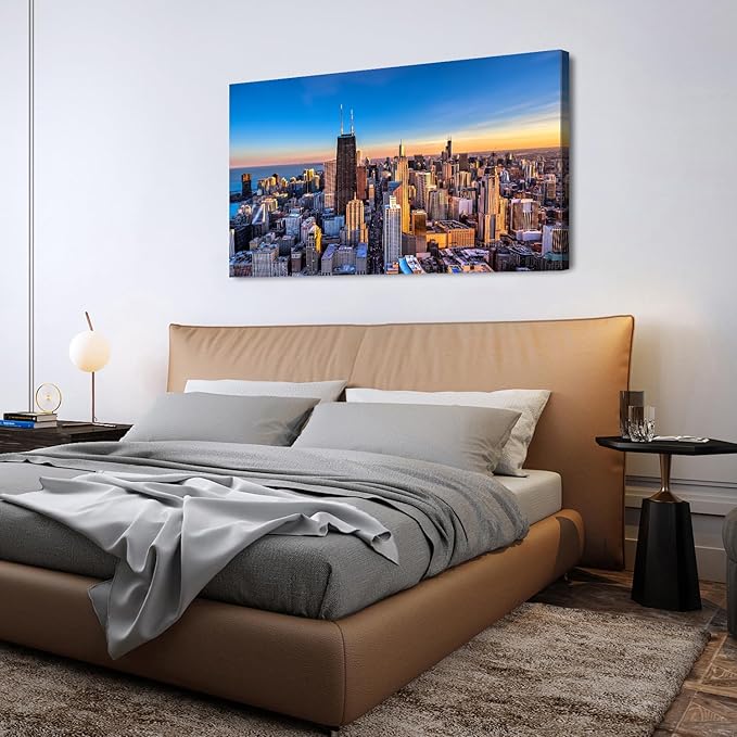 AIYISU Chicago Skyline Wall Art Chicago City Wall Decor Night Cityscape Canvas Prints Pictures City Skyscraper Painting Poster Modern Artwork for Kitchen Bedroom Living Room Home Decoration 24x48”