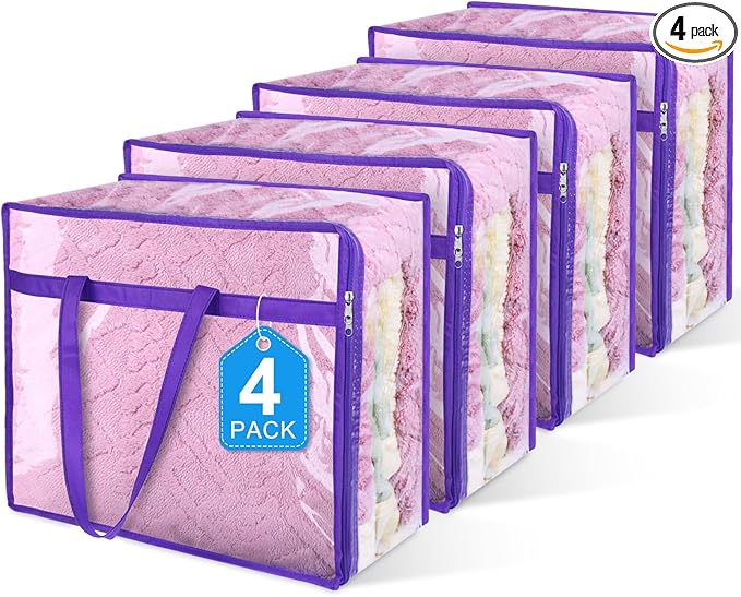 4 Pack Clear Zippered Storage Bags for Clothes, Closet Organizers and Storage Vinyl Bag for Bedding, Linen, Blankets, Comforters, Clothes & Toys Multi Purpose & Space Saver PVC Organizers
