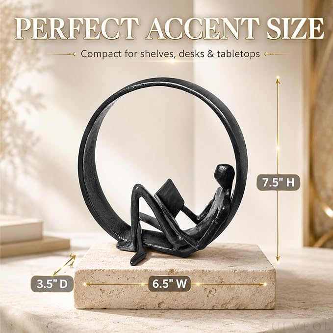 Cast Iron Sculptures Desk Office Decoration, Room or Bedroom table top Decor, Metal Small Decorative Objects Gift Man Reading for Readers, Teachers, Black Home Modern Decor Accents Library Accessories