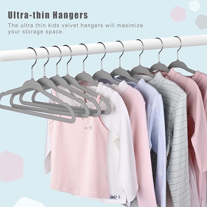 BAGAIL 50 Pack Kids Velvet Hangers 11 Inches Children's Clothes Hangers Non-Slip Baby Hangers for Infant/Toddler (Grey)