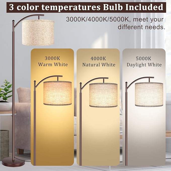 Floor Lamp for Living Room, LED Standing Lamp Tall Industrial Floor Lamp Reading for Bedroom, Office (9W LED Bulb, Beige Lampshade Included) -Oil-Rubbed Bronze