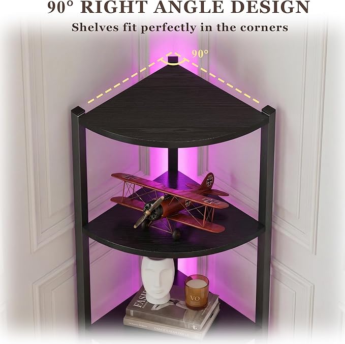 Corner Shelf with Storage, LED Lights 6-Tier Corner Bookshelf, 66'' Organizer Book Shelf Shelves Steel Frame Display Stand with Living Room, Bedroom, Study, Black