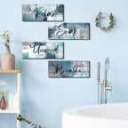 Maitys 4 Pcs Bathroom Wall Decor 10 x 4 Inch Bathroom Wall Art Contemporary Wood Restroom Pictures for Soak Unwind Relax Hanging Sign Spa Rustic Vintage Farmhouse Pediments(Blue, White)