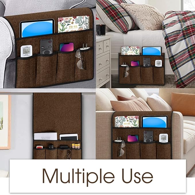 Joywell Recliner Organizer with 6 Pockets Armchair Caddy Remote Control Holder for Couch Armrest Organiser Non Slip Sofa Arm Chair Caddie Storage for Magazine, Tablet, Phone, iPad, Brown
