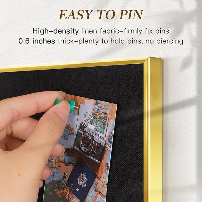 Linen Bulletin Board 30" x 20", Black Fabric Pin Board with Gold Aluminum Frame, Decorative Vision Board for Home Office, Bedroom & Dorm Wall Decor, Includes 10 Push Pins