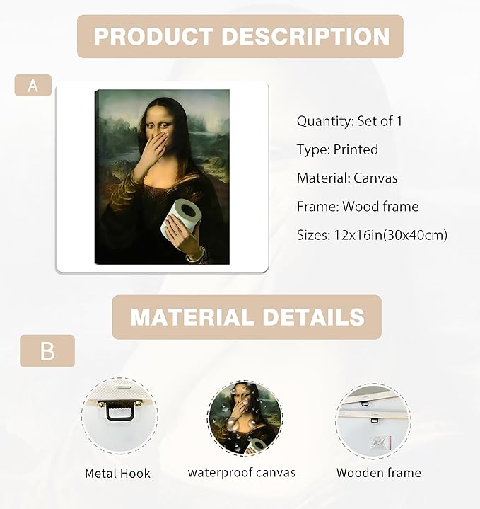 Funny Mona Lisa Canvas Wall Art for Bathroom Decor, Vintage Humor Amusing Toilet Art, Mona Lisa Classical Painting Picture, Whimsical Poster Print Bathroom Wall Decor for Home Decoration 12x16 inch
