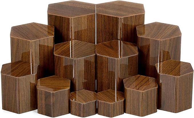 Jetec 12 Pcs Hexagonal Jewelry Display Risers Hexagonal Market Display Risers Stands Acrylic Showcase Acrylic Stand for Jewelry Model Figures Decoration, 6 Sizes (Brown)