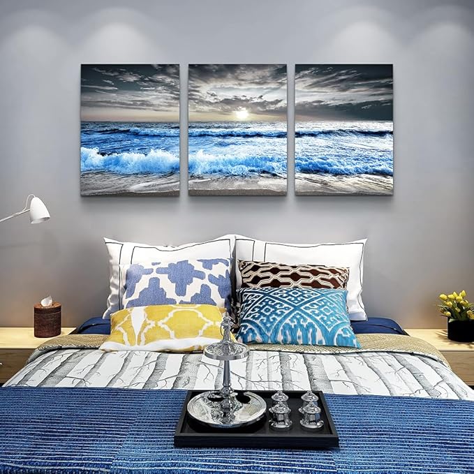 MHARTK66 3 Panel Blue Beach Canvas Wall Art for Home Decor Bedroom Wall painting Sunset White Wave Beach Pictures on Canvas Sea View Canvas Prints Artwork for Wall Decor Living Room Decorations