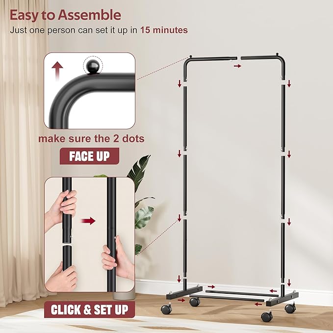 KIMBORA Small Clothing Rack with Wheels, Portable Clothes Racks for Hanging Clothes, 56" Metal Rolling Garment Rack for Coats, Jackets, and Shirts, Black