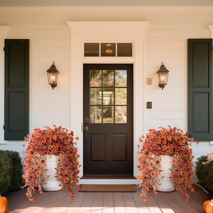 Artificial Fake Hanging Flowers Plants for Outdoor Fall Decoration,2PCS Faux Silk Daisy with Eucalyptus Leaves,UV Resistant Look Real for Outside Home Indoor Planter Porch Patio Yard Autumn Decor