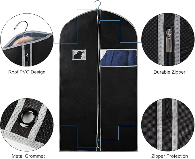 Syeeiex 40" Suit Bag, Set of 5 Garment Bags for Hanging Clothes, Suit Bags for Closet Storage, Garment Bags for Storage Suits,T-shirts, Jackets and Coats(Black & Grey)