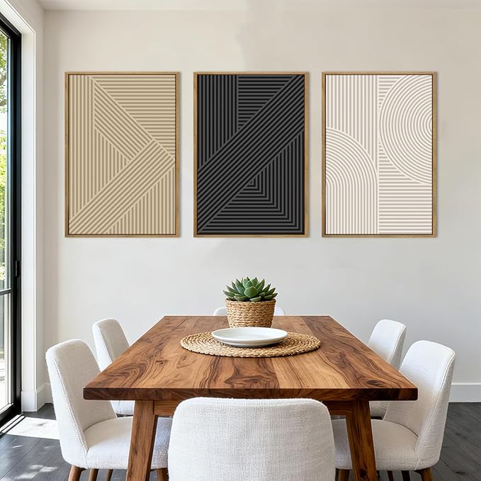 BINCUE Neutral Abstract Wall Art Mid Century Modern Wall Paintings Boho Artwork Geometric Wall Pictures Abstract Black Wall Decor Modern Neutral Art Prints for Living Room Bedroom Bathroom Office 16x24 Inch 3 Piece