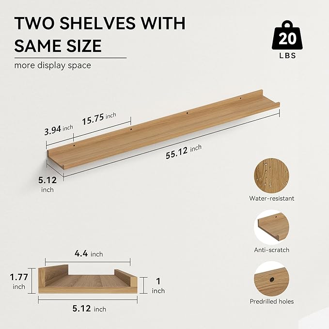 Boswillon 55.1 Inches Long Floating Shelves, 2 Set Rustic Wall Shelf for Bedroom, Nursery Book Shelf with Lip, Picture Ledge Shelf for Living Room, Bathroom, Kitchen - Oak