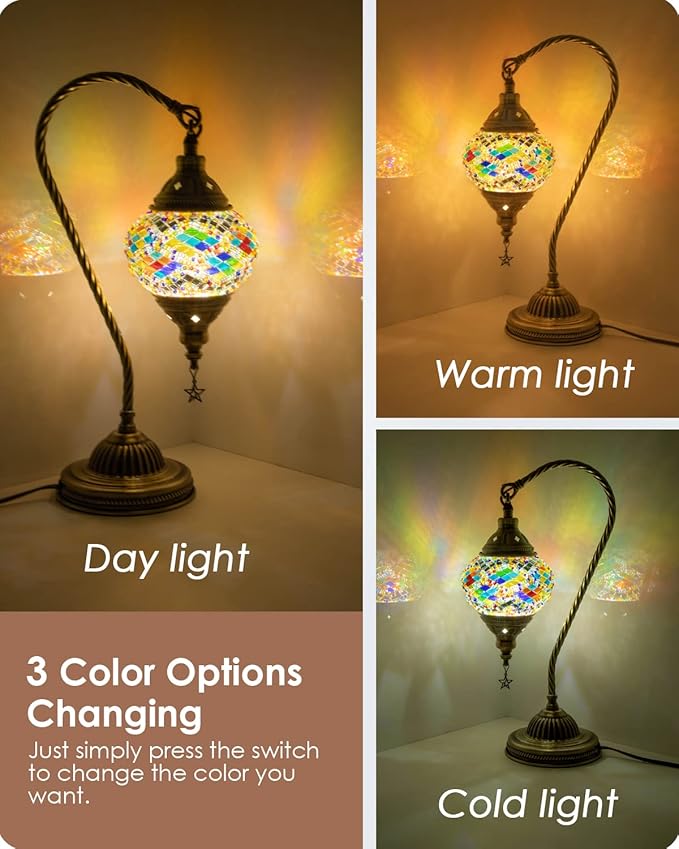 Yarra-Decor Turkish Moroccan Lamp with Bronze Base 3-Way Color Changing Handmade Swan Neck Tiffany Mosaic Glass Bedside Lamps for Bedroom (LED Bulb Included) (Colorful)