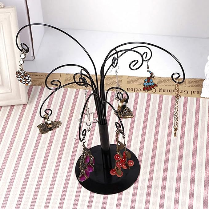 10.6 inch Ornament Tree Display Stand Rotating Decor, Decorative Black Metal Tabletop Display Stand Features Multiple Hooks, Display Rack for Ornaments Glass Globes Balls and Small Craft Items (1PCS)