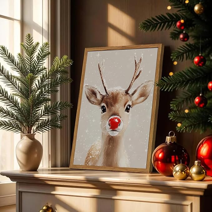 Framed Christmas Wall Art, Vintage Red Nose Reindeer Canvas Wall Decor Paintings, Rustic Winter Cute Deer Pictures Prints Farmhouse Home Decoration for Living Room Bedroom 12×16 inch