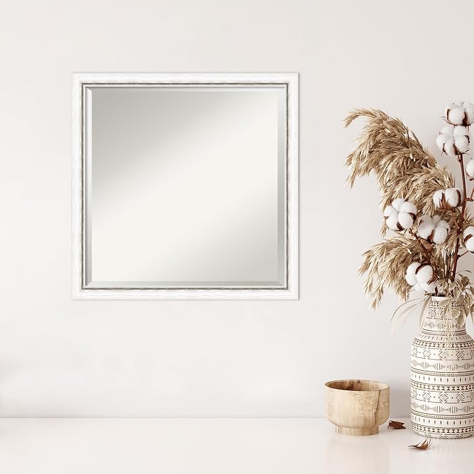 Amanti Art White Wall Mirror 22x22 Morgan White Silver Square Bathroom Mirror for Wall Decor Living Room, Medium Modern Wood Frame, Hangs Horizonally and Vertically, Bathroom Decor, Beveled Edge