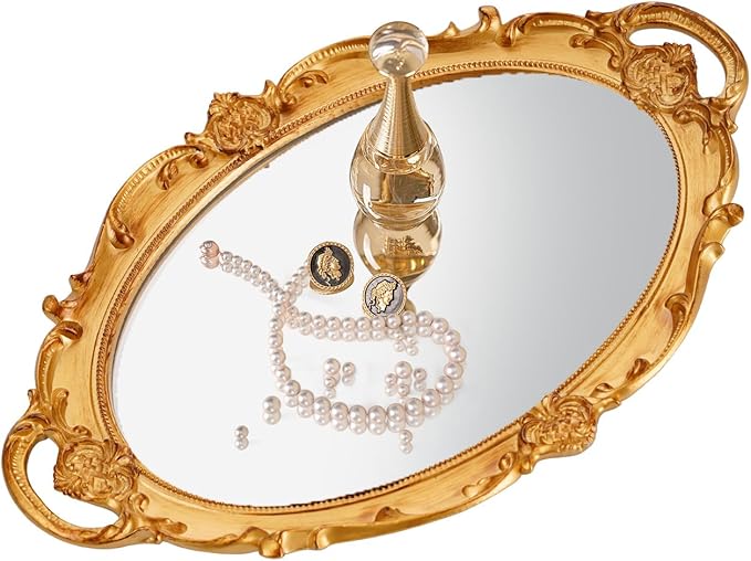XPXKJ Gold Mirror Tray Vintage Vanity Tray for Dresser Perfume Storage Decorative Mirrored Glass Tray Coquette Room Decor, Bedroom, Bathroom Oval Antique Serving Makeup Organizer