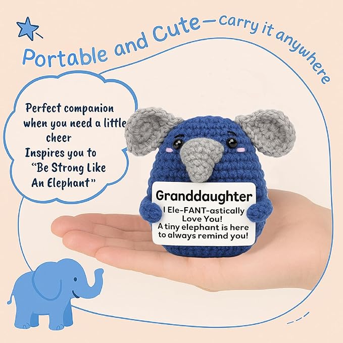 Granddaughter Gifts from Grandma Grandpa, Handmade Crochet Elephant Doll, Cute Emotional Support Animal Gift for Granddaughter, Inspirational Birthday Graduation Gift Idea