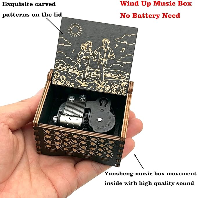 Pursuestar Black Wooden Wind Up Music Box - Greensleeves, Vintage Engraved Wood Mechanism Musical Gifts for Anniversary Mother's Day Valentine's Day Christmas Thanksgiving Birthday