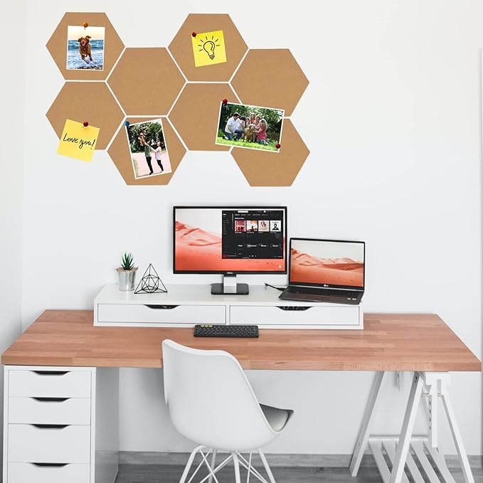 8Pcs Hexagon Felt Cork Board Tiles, Self Adhesive DIY Bulletin Board Pin Board for Office School Home Wall Decor Stickers Memos Photos Display (Deep Camel)