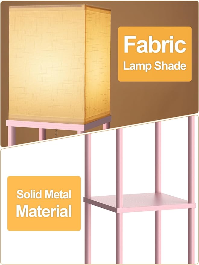 Pink Floor Lamp with Shelves for Living Room, Shelf Floor Lamp with 3 CCT LED Bulb, Corner Display Standing Column Lamp Etagere Organizer Tower Nightstand with White Linen Shade for Bedroom, Office