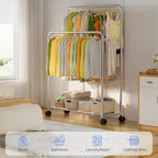 Simple Trending Clothing Clothes Rack Double Rods with Wheels, Rolling Metal Garment Rack for Hanging, Silver