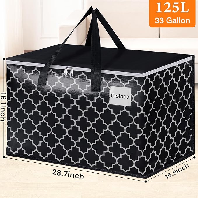 HomeHacks Heavy Duty Moving Bags with Tag Pockets, Collapsible Storage Totes for Moving, Camping & Travel -Foldable Packing Boxes, Zipper Handles, Black（10 Packs, 125L）