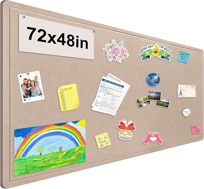 Foldable Large Bulletin Board, 72x48 Inches Cork Board Alternative, Large Felt Board Decorative Pin Board for Wall, Foldable Photo Board Self-Adhesive Vision Board with 36 Pushpins Khaki