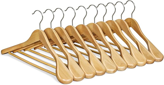 SONGMICS Extra Wide Wooden Suit Hangers, Set of 10 Clothes Hangers, Swivel Hooks, Non-Slip Bars, for Outfits, Suits, Coats, Shirts, Dresses, Natural Color UCRW050KZ02