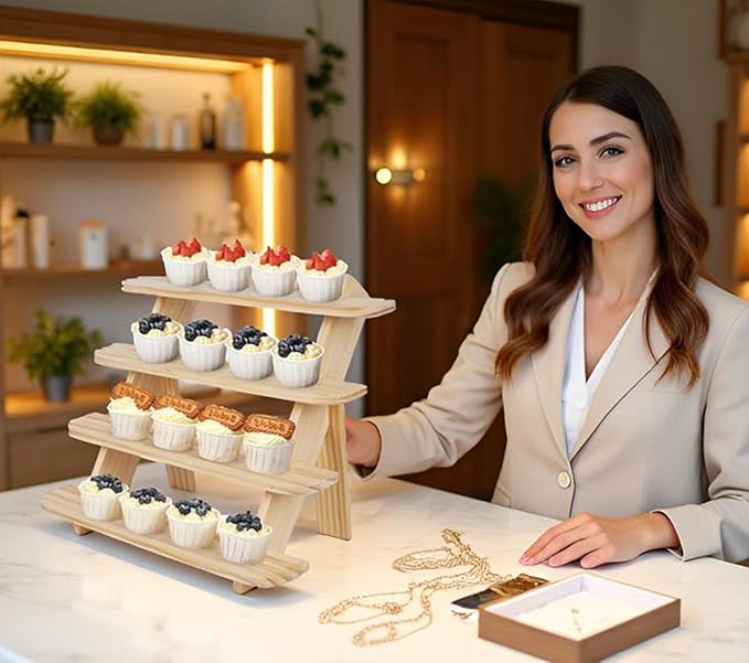 Wooden Cupcake Display Stand, Wood Rustic Risers 4 Tiers for Display Ideal Craft Funko Pop Shelves, Table Display Stand for Vendors, Earring & Ring Holder Stands, Outdoor Plant Stand Indoor-Natural