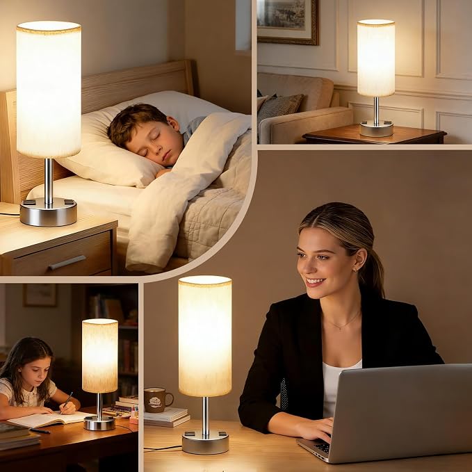 MOICO Bedside Table Lamp for Bedroom, 3-Way Dimmable Nightstand Lamp with USB C, USB A Ports & AC Outlet, Small Table Lamp Fabric Shade for Living Room Dorm Office, LED Bulb Included (14in Silver)
