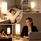 MOICO Bedside Table Lamp for Bedroom, 3-Way Dimmable Nightstand Lamp with USB C, USB A Ports & AC Outlet, Small Table Lamp Fabric Shade for Living Room Dorm Office, LED Bulb Included (14in Silver)