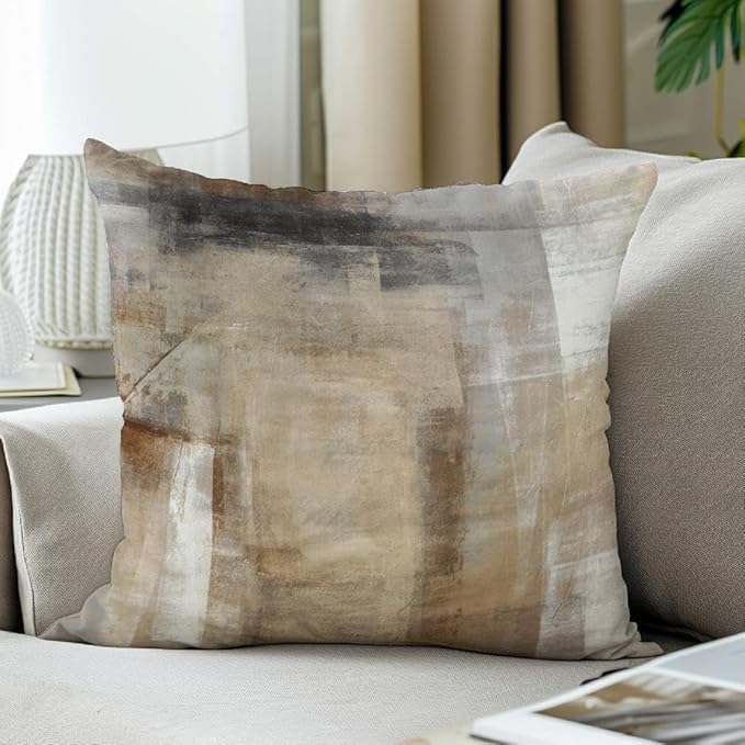 Beige Abstract Art Artwork Pillow Cover, Gallery Modern Decorative Throw Pillows Cushion Cover for Bedroom Sofa Living Room 26 x 26 Inch Set of 2