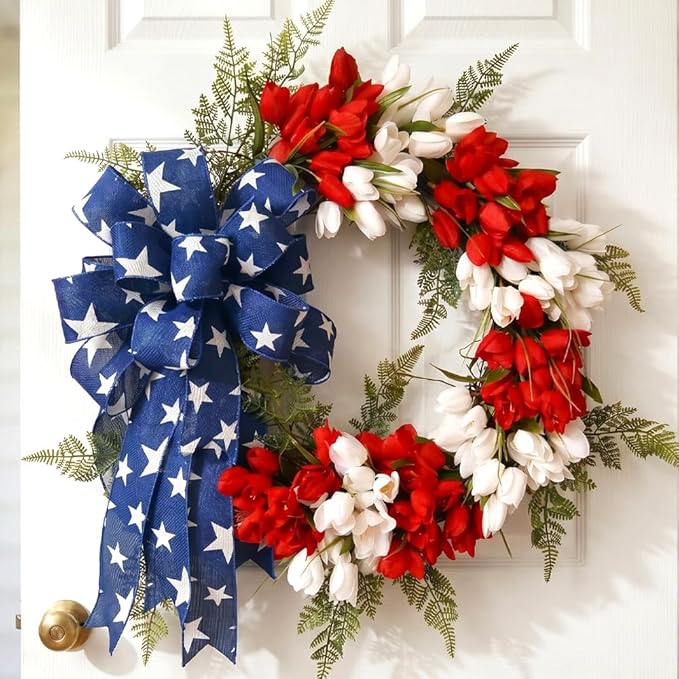 Patriotic Wreaths for Front Door, 250 Anniversary Decorations 4th of July Decorations Outdoor, Handcrafted Memorial Day Wreaths, Festival Celebration USA Flag Printed Wreath (F)