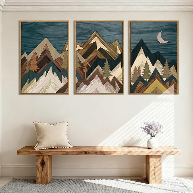 BINCUE Extra Large Mountain Wall Art Moon Froest Wall Decor Nature Landscape Art Print Framed Mountain Artwork Farmhouse Rustic Wall Paintings Large Landscape Artwork for Living Room Bedroom Office 24x36 Inches Set of 3