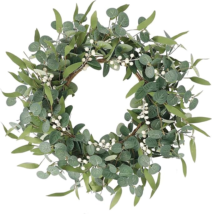 20 Inch Summer Wreaths for Front Door, Artificial Daisy Wildflower Lavender Front Door Wreath Spring,Green Eucalyptus Wreath for Window Wall Farmhouse Home Decor Porch Outdoor
