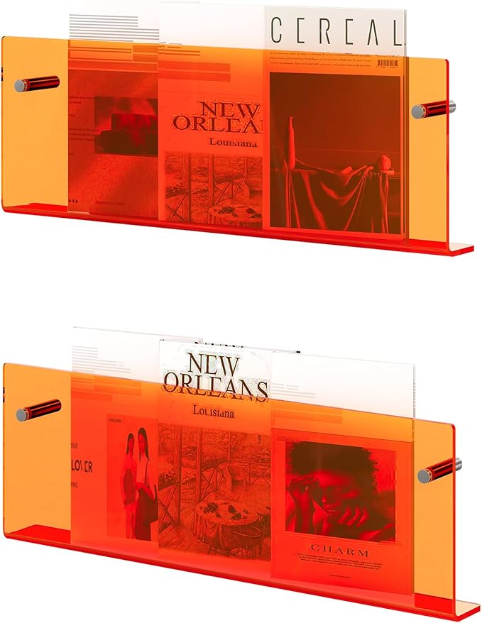 Acrylic Magazine Holder, 2 Pack Hanging Bookshelf Magazine Rack, Wall Mounted Floating Brochure Display for Waiting Room, Office, Home (Orange, 17 Inch)