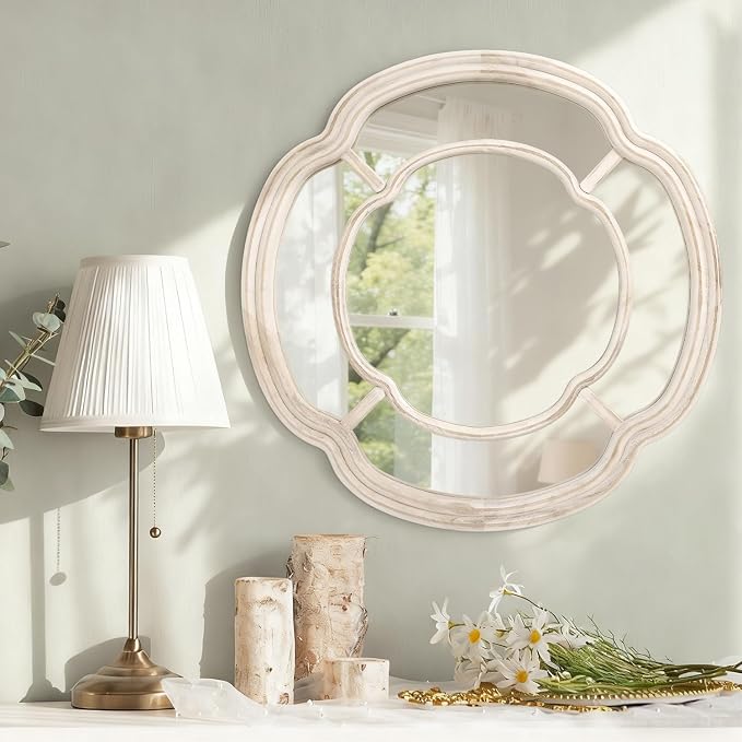 Irregular White Mirror, Wall Mounted Wavy Circle Large Mirror Wood Frame Round Hanging Decorative Mirros for Entryway Living Room Vanity and Bedroom, 20 Inch Home Decor