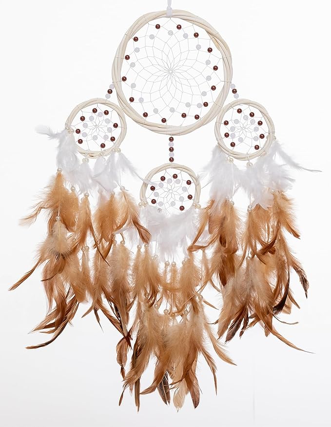 Large Rattan Dream Catchers - Brown Rooster Feather with Luxury Pearl, Multiring, Handmade Dreamcatcher for Bedroom, Dream Catcher for Girls, Dream Catchers for Boys, Dream Catcher Wall Decor