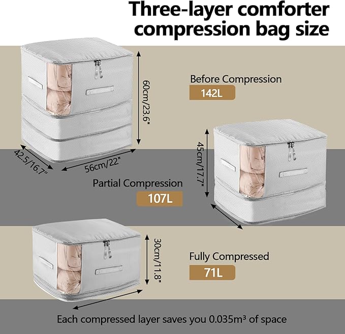 6 Pack Space Saving Comforter Storage Bag with Handle, 3-Layer Compression Blanket Storage Bags Adjustable In 3 Sizes (142L, 107L, 71L), Washable Bedding Organizer For Pillow Duvet Clothing Plush Toy