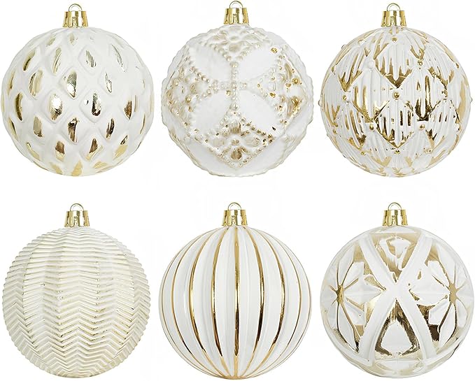 XmasExp Vintage Rustic Christmas Ball Ornaments Sets, Neutral Shatterproof Christmas Ornaments Farmhouse Christmas Tree Decorations Large Hanging Ball for Xmas Home Party （White Gold, 6Pcs