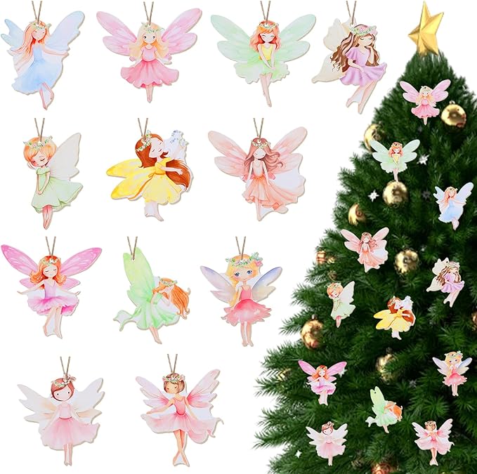 Cheereveal 24pcs Wooden Hanging Ornaments for Christmas Tree, Colorful Fairy Pendant Embellishments DIY Crafts for Door Wall Room Decor, Wood Decorations Supplies