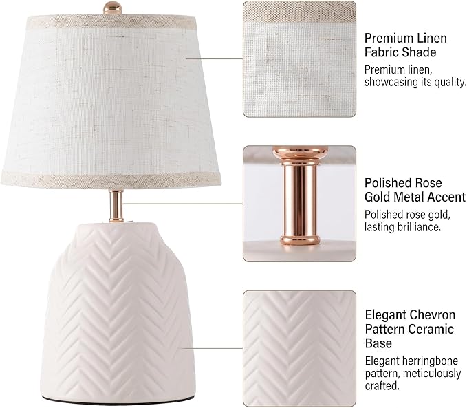 SOTTAE 14'' White Ceramic Table Lamp with Linen Fabric Shade, Leaf Patterned Ceramic Desk Lamp, Mid Century Modern Bedside Nightstand Lamp for Bedroom Living Room Reading Room
