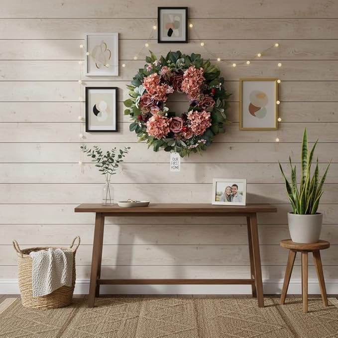 WANNA-CUL 24 Inch Spring Hydrangea Wreaths for Front Door,Pink Rose Peony Floral Door Wreath for Mother’s Day Valentine Wedding Year Round Indoor Outdoor Wall Decor