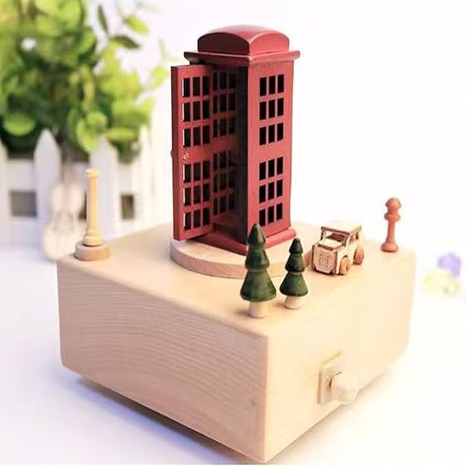Natural Solid Wood Handcrafted Beech Wooden, Musical FigureTotoro/Carousel/Fairy/Ballerina Figurine,Rotating Hand Crank Mechanism Music Box,Musical Decorations (Telephone Booth)