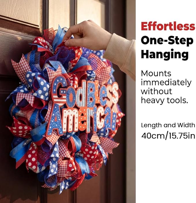 Patriotic Wreaths for Front Door, 250 Anniversary Decorations 4th of July Decorations Outdoor, Handcrafted Memorial Day Wreaths, Festival Celebration USA Flag Printed Wreath (C)