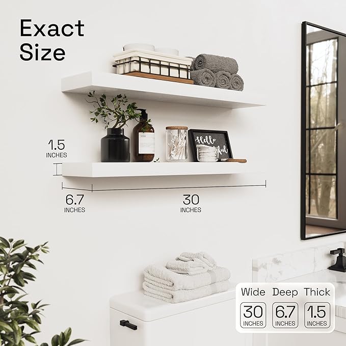 BAOBAB WORKSHOP Wood Floating Shelves for Wall 30 Inches Long, White Solid Wooden Bathroom Shelf Large, Heavy Duty Wall Shelf 30 Inch Kitchen Bedroom Thick, White Finish, 30W × 6.7D, Set of 2